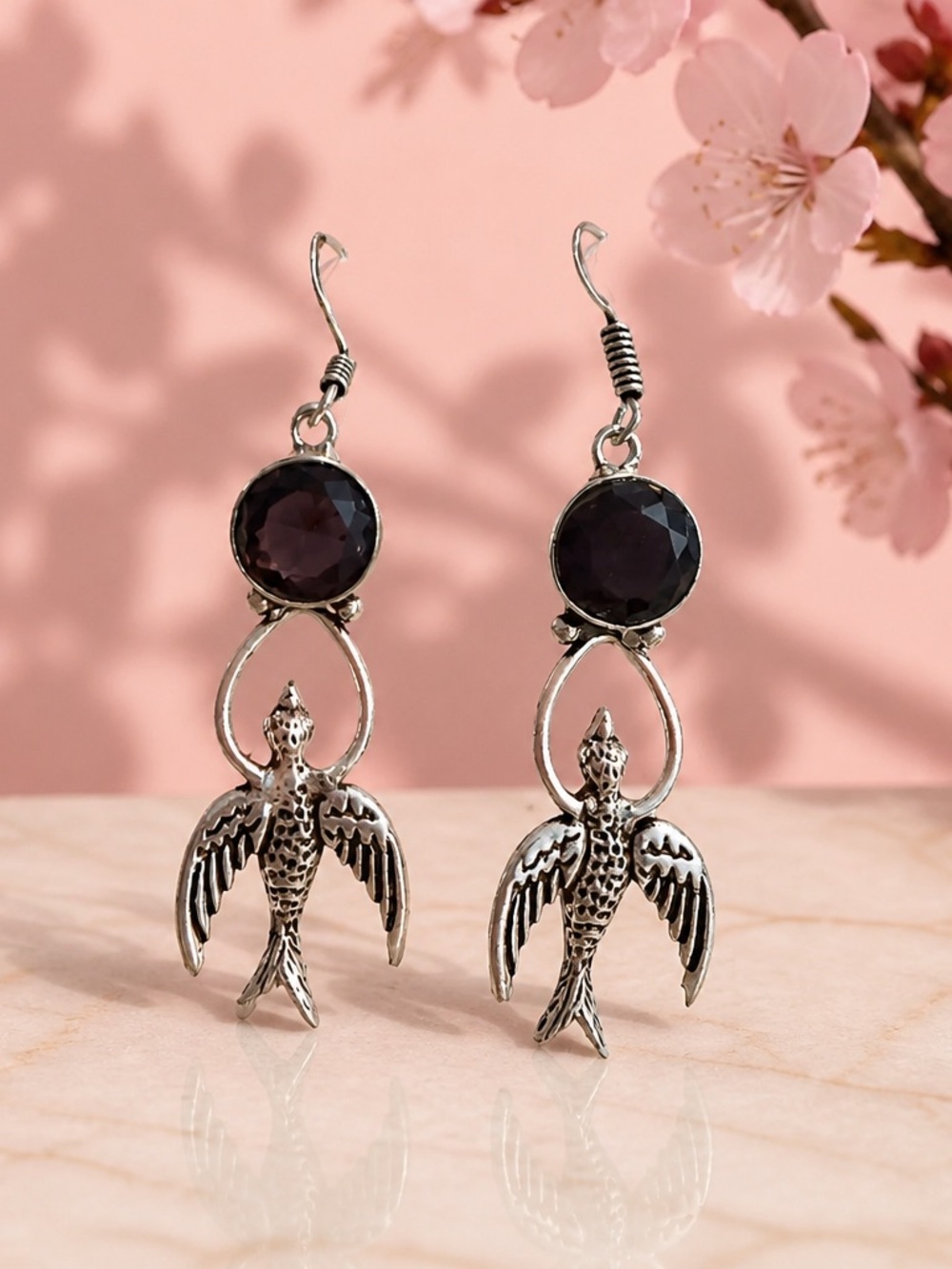 Artisan Victorian Style Amethyst Swallow Drop Earrings (94)